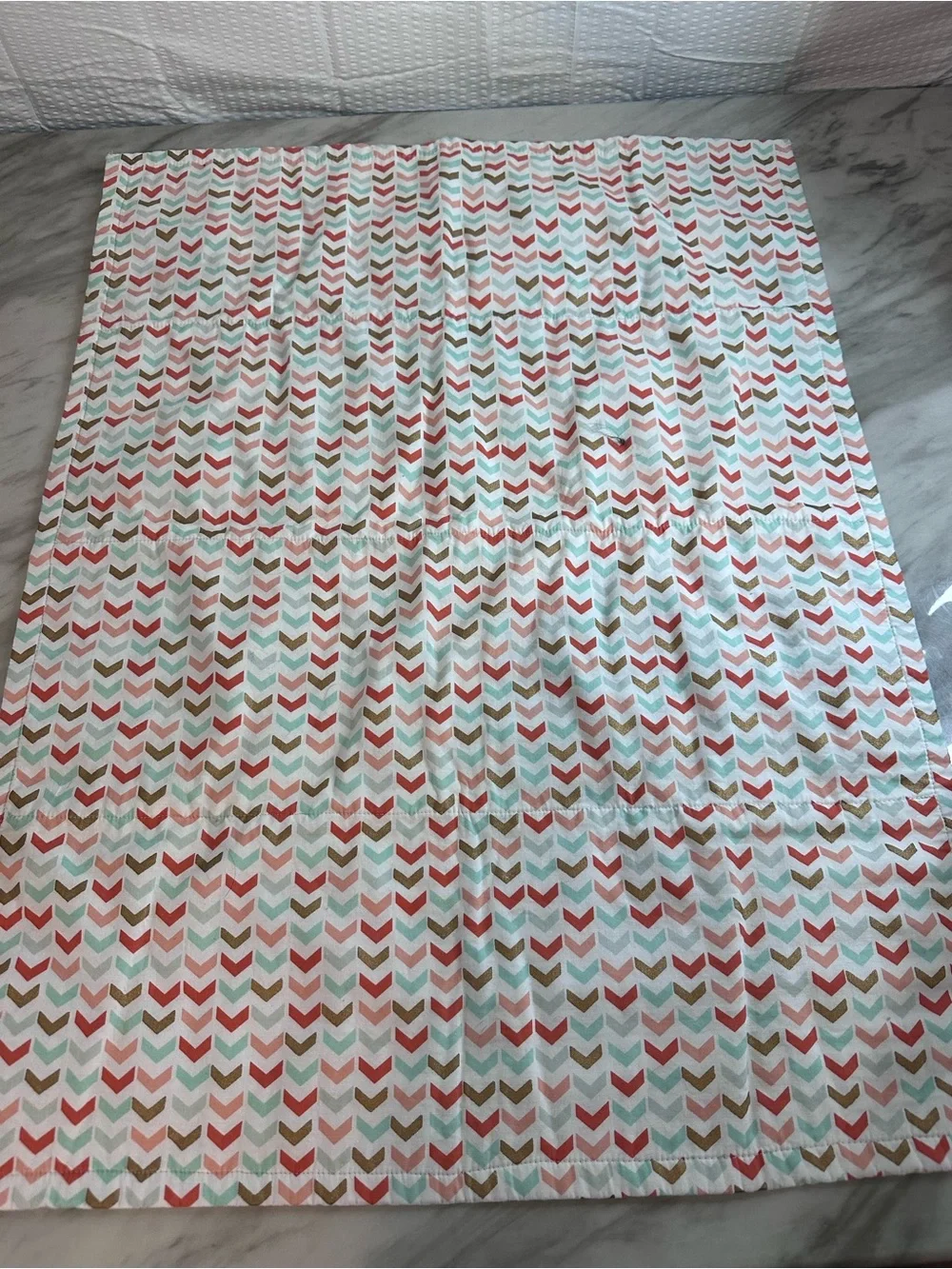 Striped Patchwork Cotton Quilt in Coral, Teal & Navy